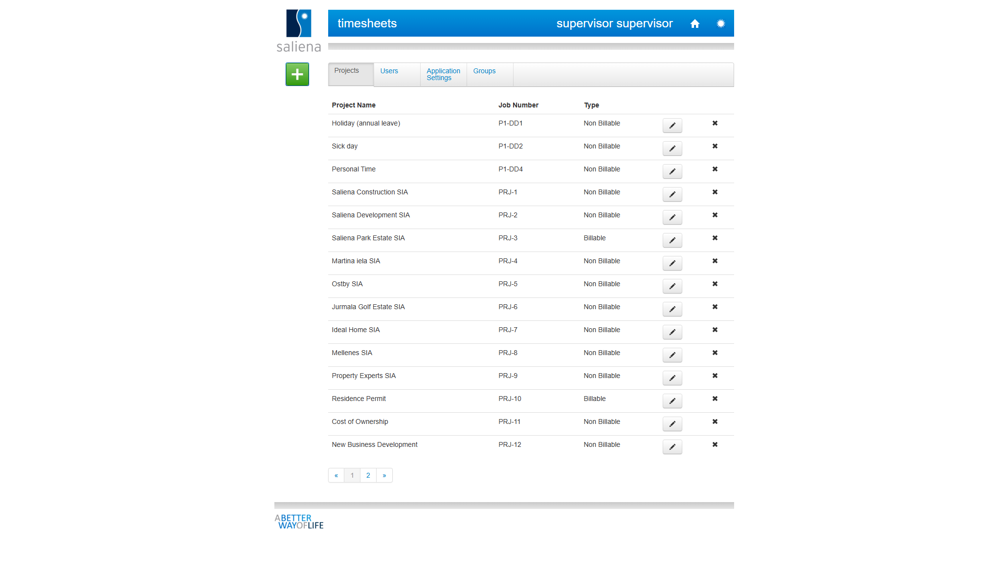 Projects list in configuration
