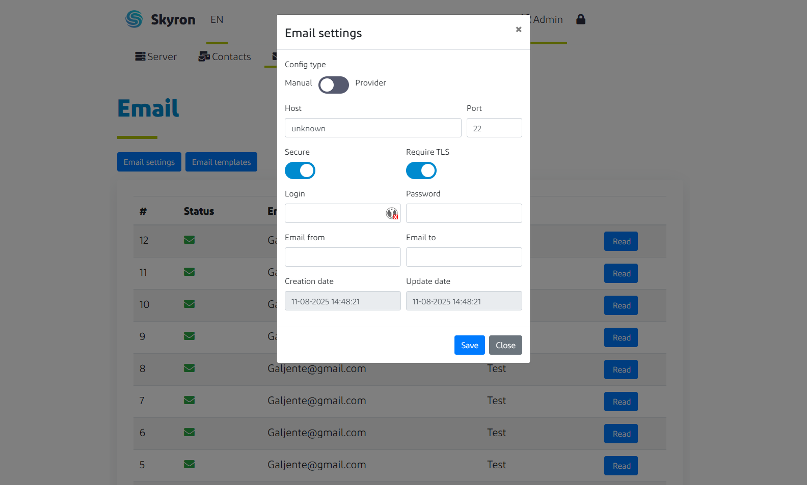 Admin email server configuration