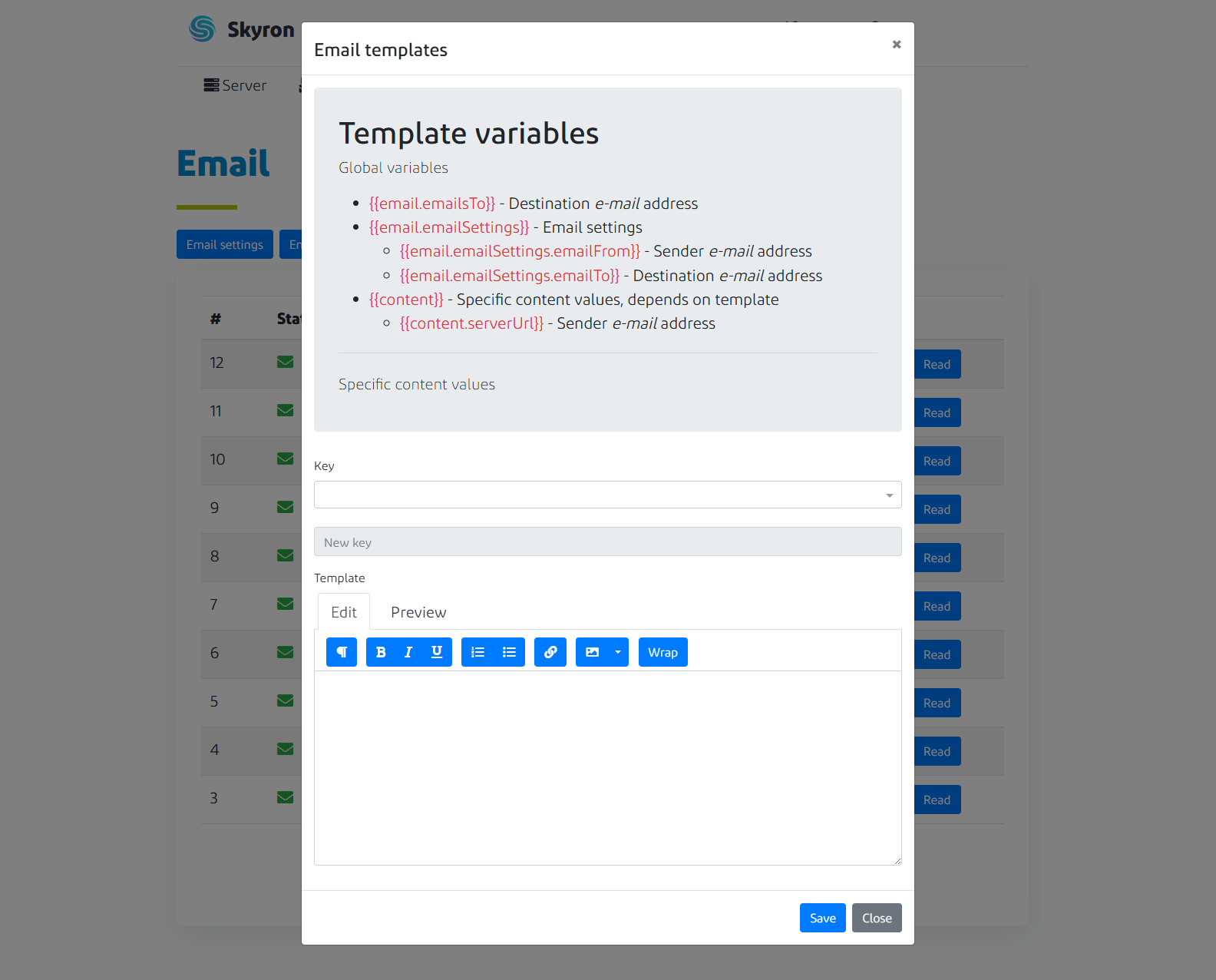 Admin email templates configuration
