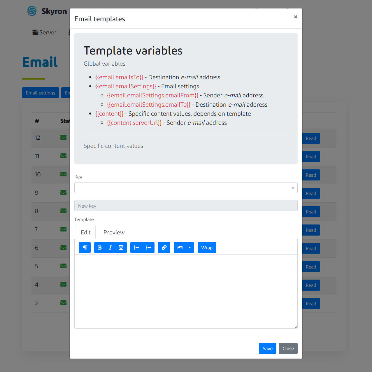 Admin email templates configuration