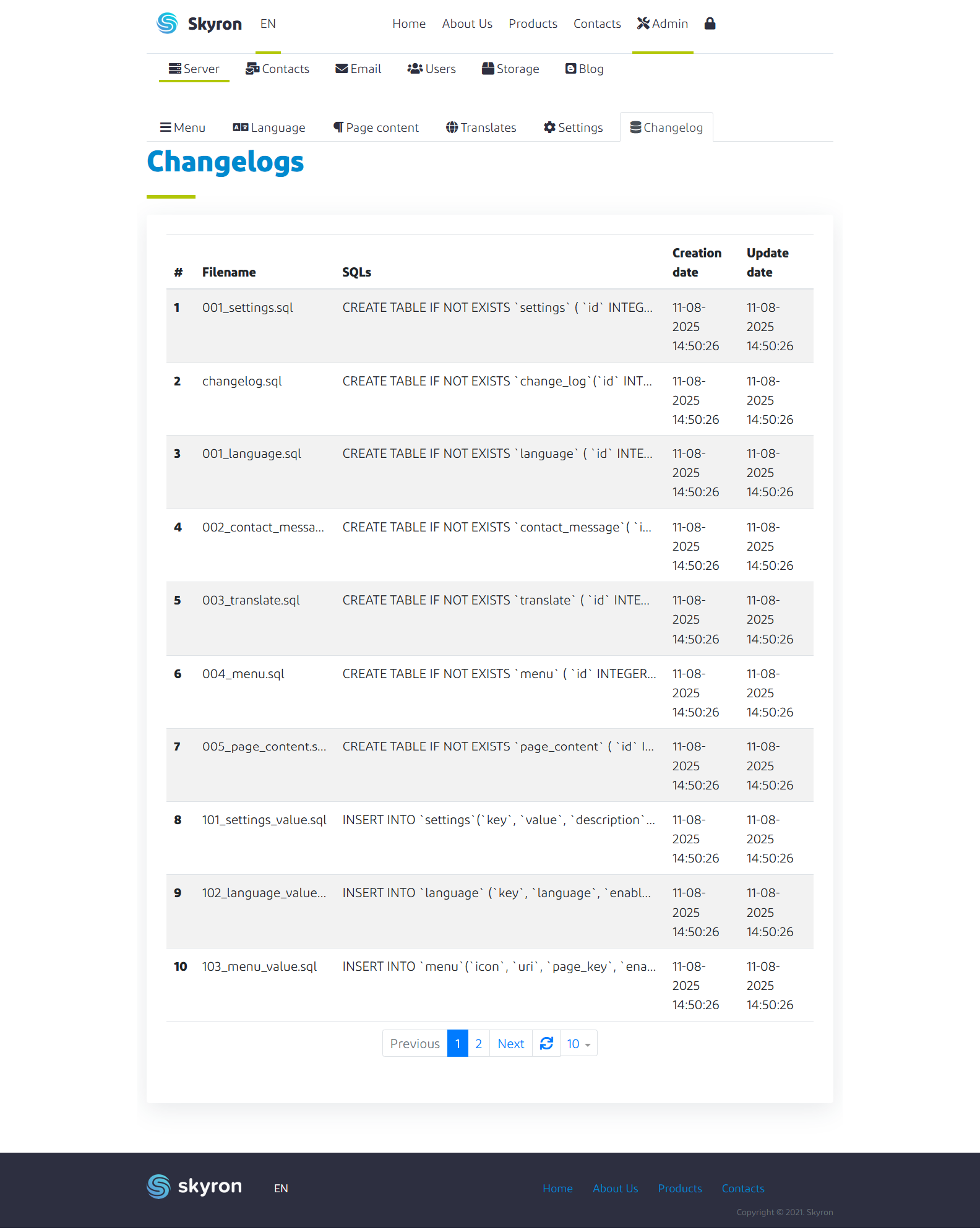 Admin main database changelog