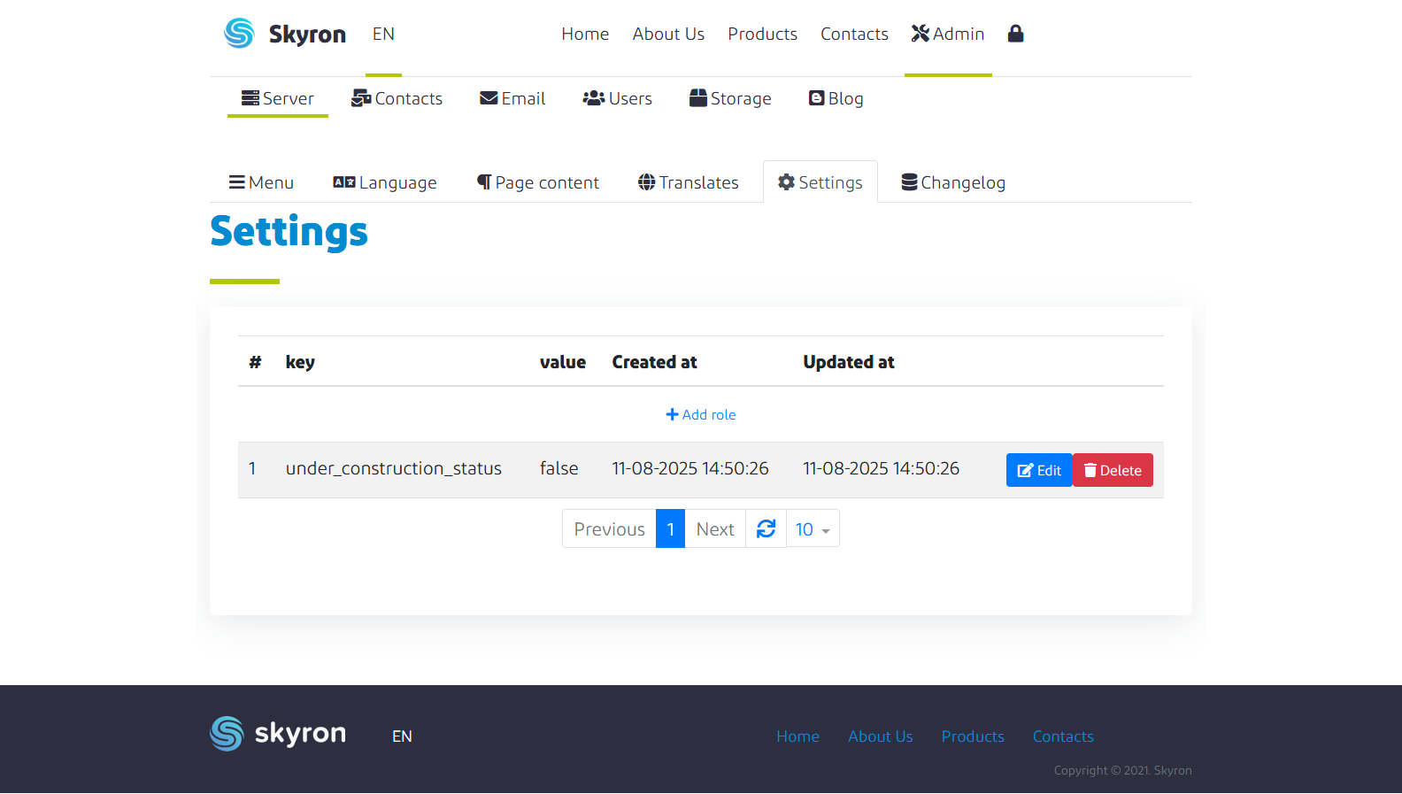 Admin main settings configuration