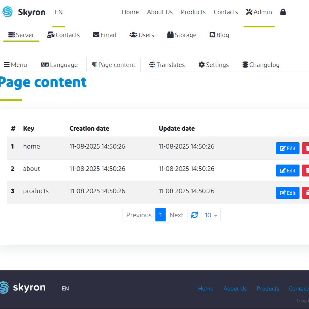 Admin page configuration
